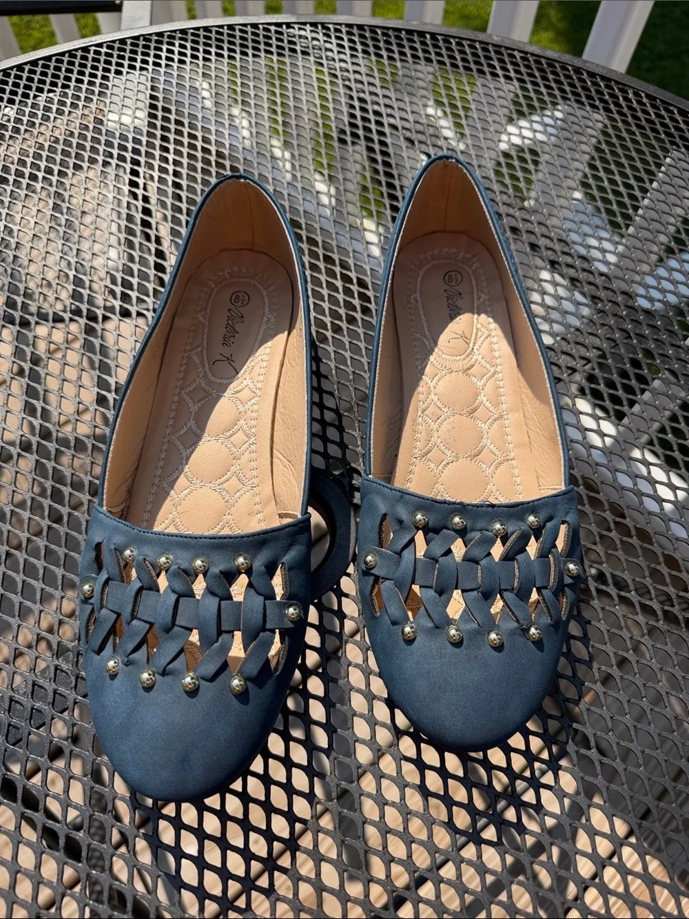 Victoria K Deep Blue Braided-Front Studded Flats